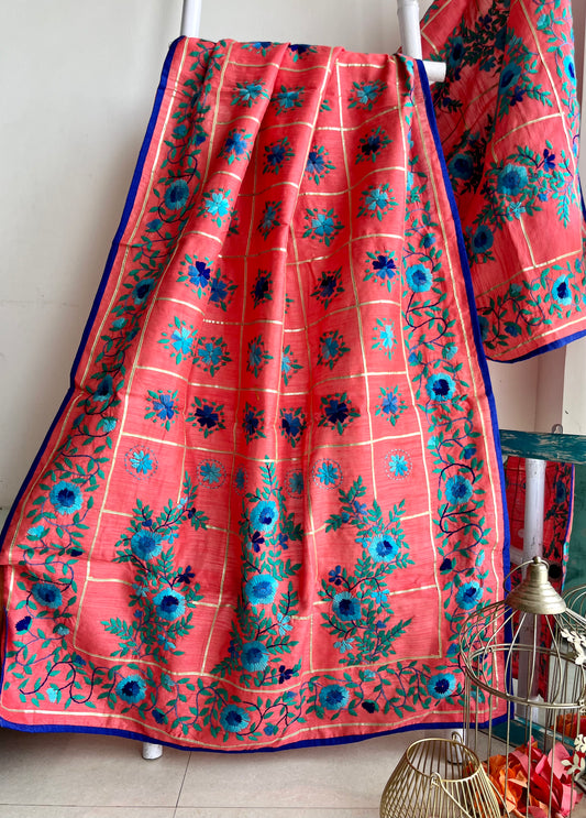 Champa Chanderi Handwork Phulkari dupatta