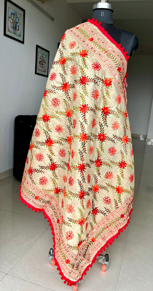 Handwork Phulkari Dupatta on soft Chanderi base with Pom Pom borders