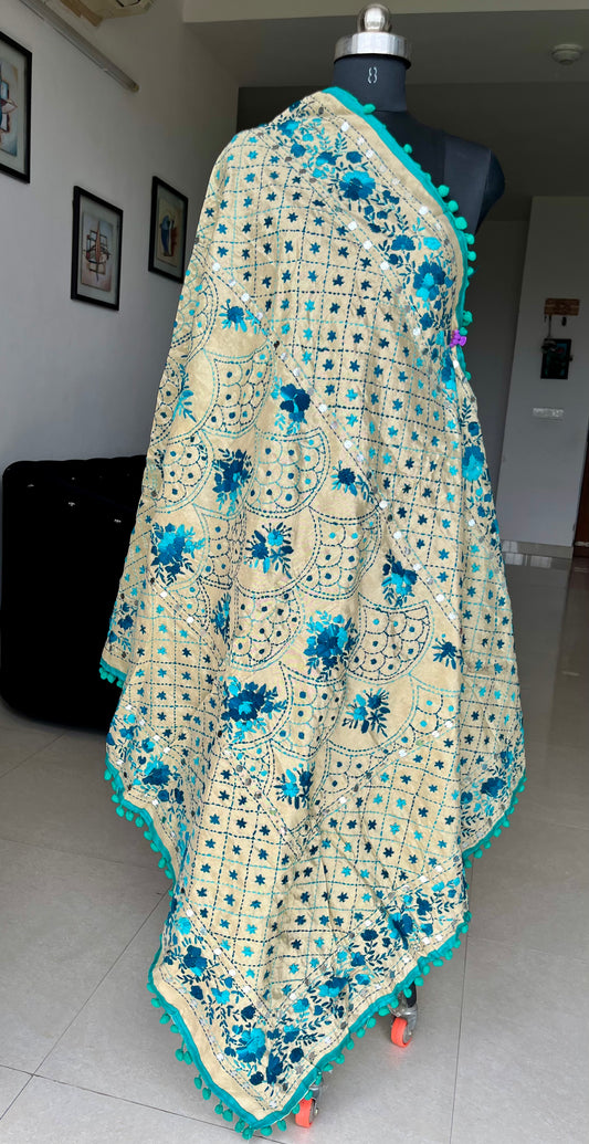 Handwork Phulkari Dupatta on soft Chanderi base with Pom Pom borders