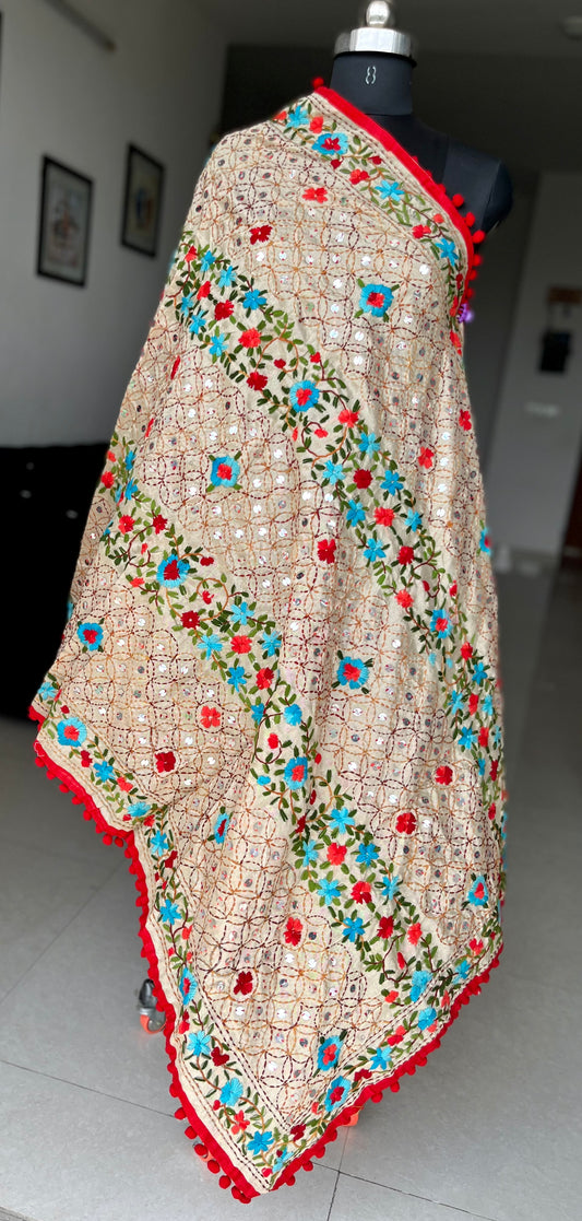 Handwork Phulkari Dupatta on soft Chanderi base with Pom Pom borders