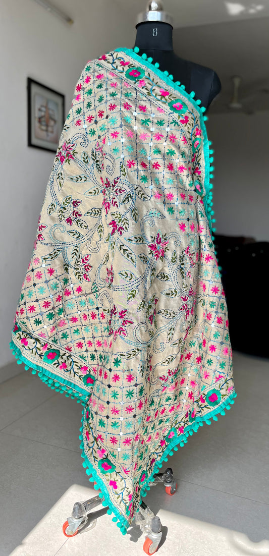 Handwork Phulkari Dupatta on soft Chanderi base with Pom Pom borders