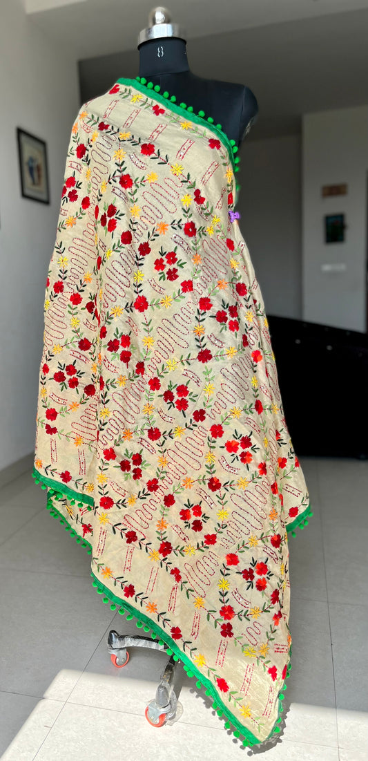 Handwork Phulkari Dupatta on soft Chanderi base with Pom Pom borders