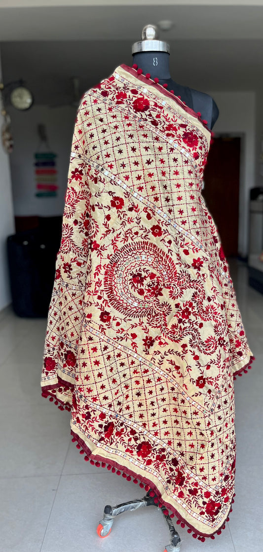Handwork Phulkari Dupatta on soft Chanderi base with Pom Pom borders