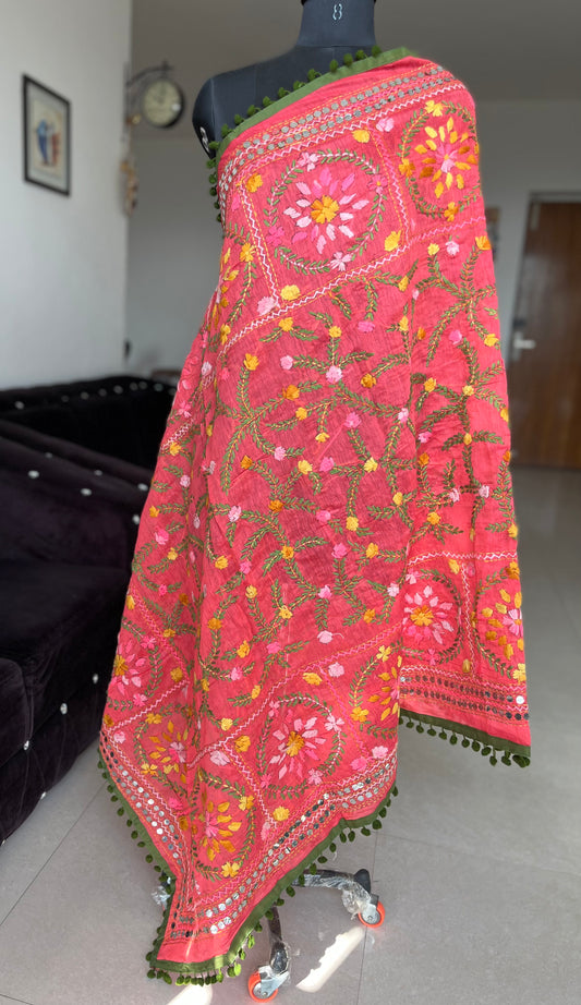 Handwork Phulkari Dupatta on soft Chanderi base