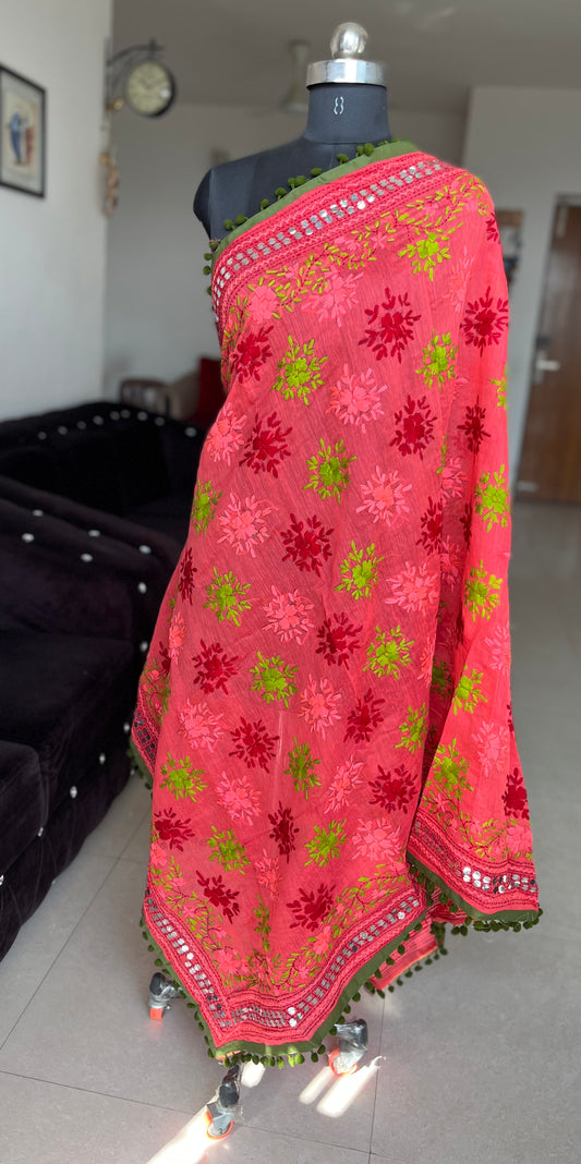 Handwork Phulkari Dupatta on soft Chanderi base