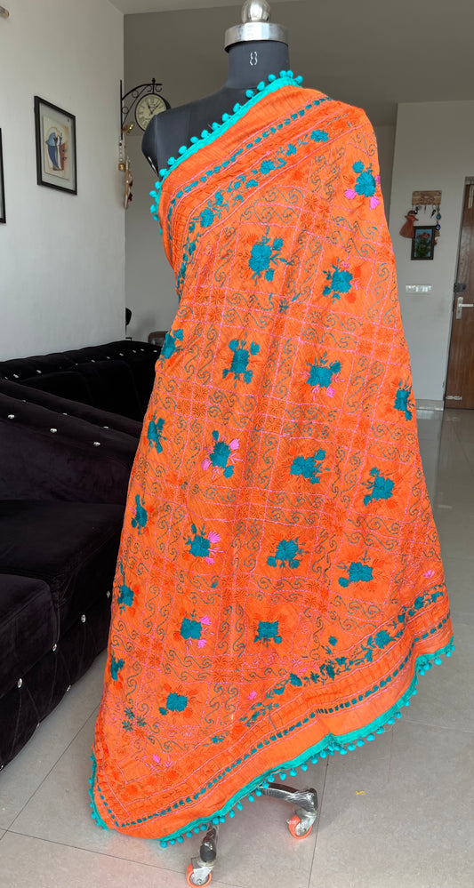 Handwork Phulkari Dupatta on soft Chanderi base