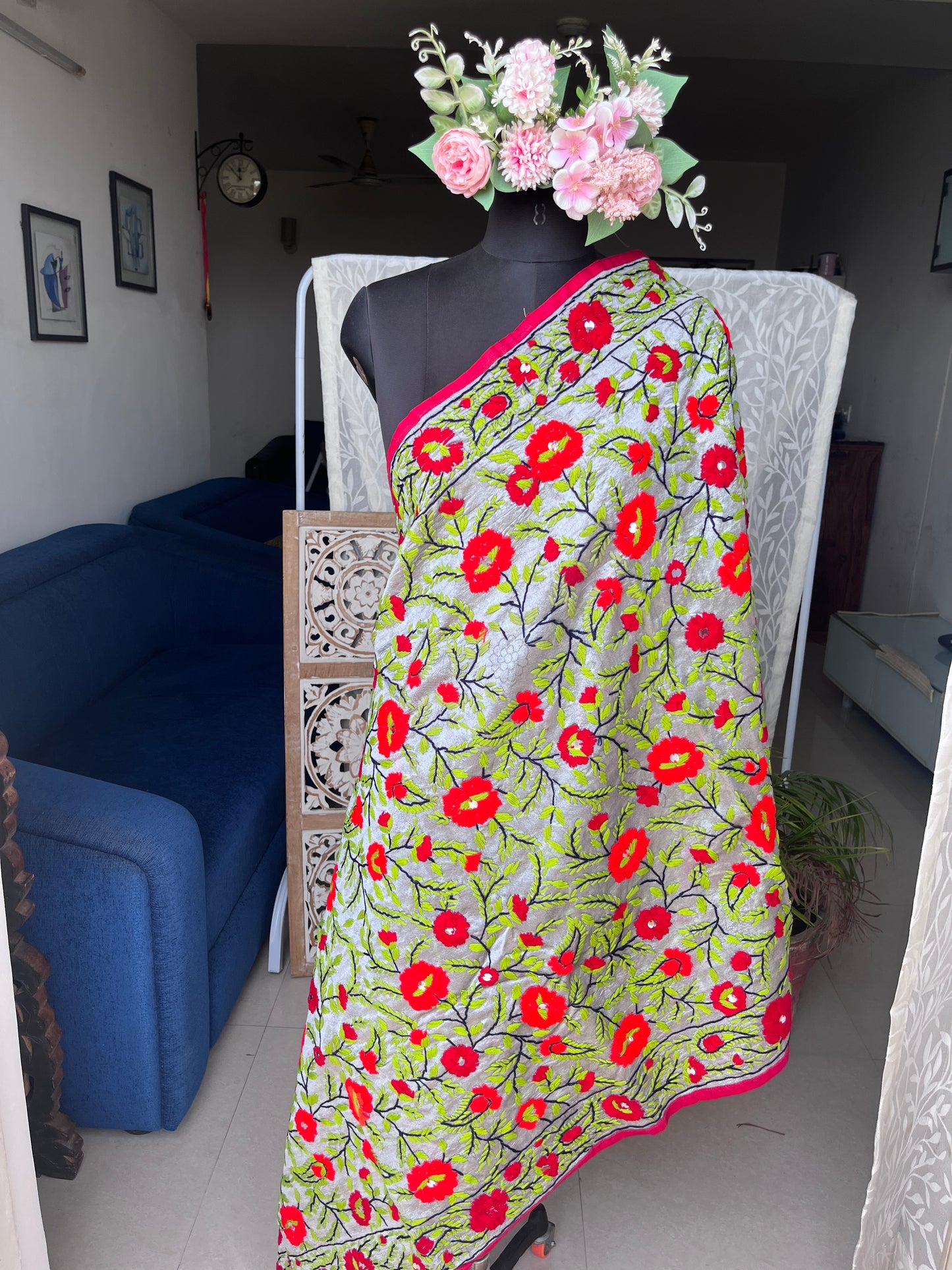 Chanderi Silk Heavy Handwork Phulkari Dupatta