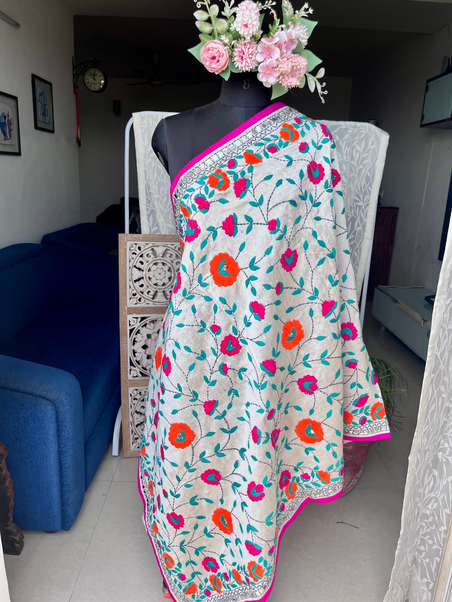 Chanderi Silk Heavy Handwork Phulkari Dupatta