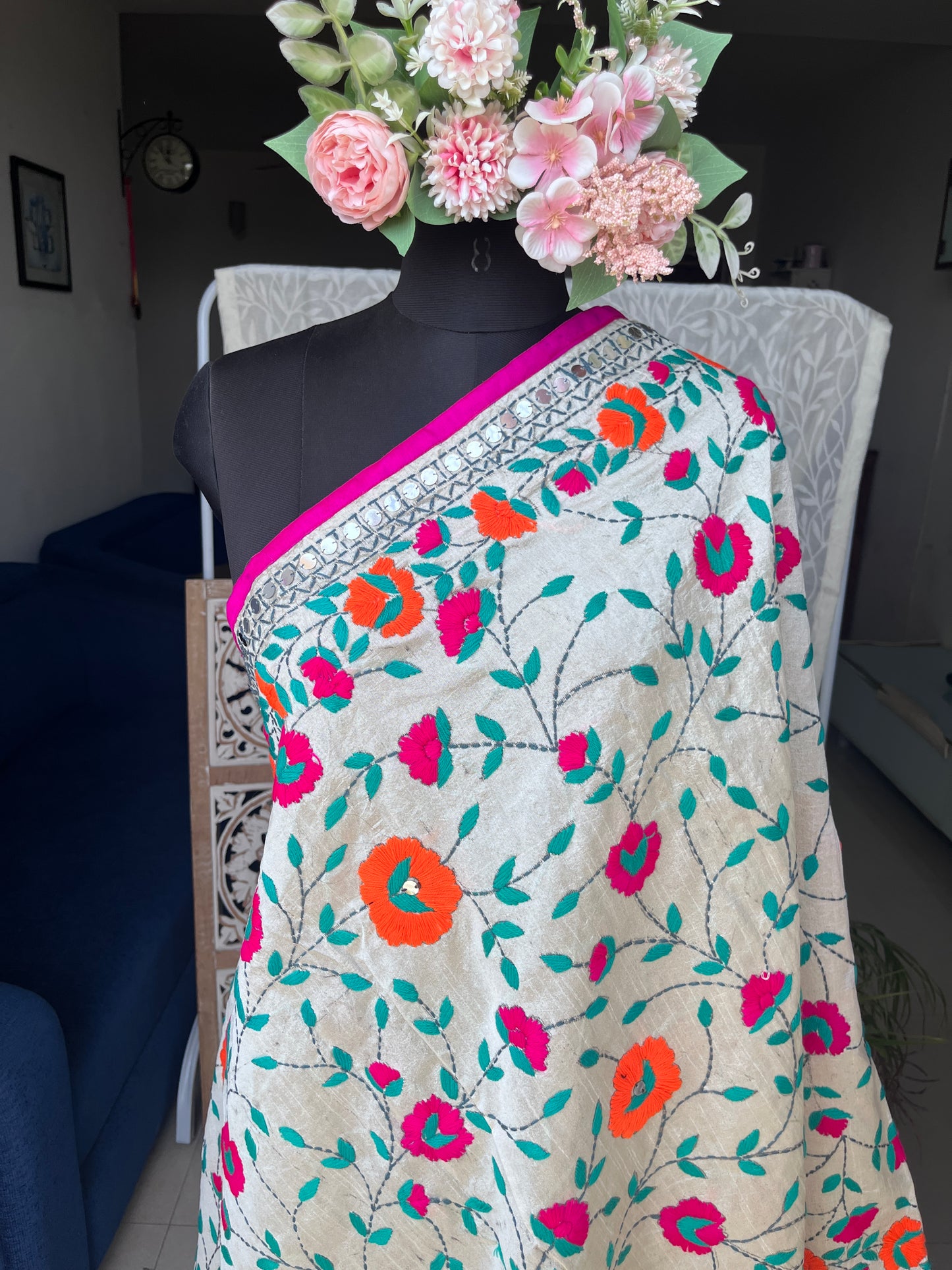 Chanderi Silk Heavy Handwork Phulkari Dupatta