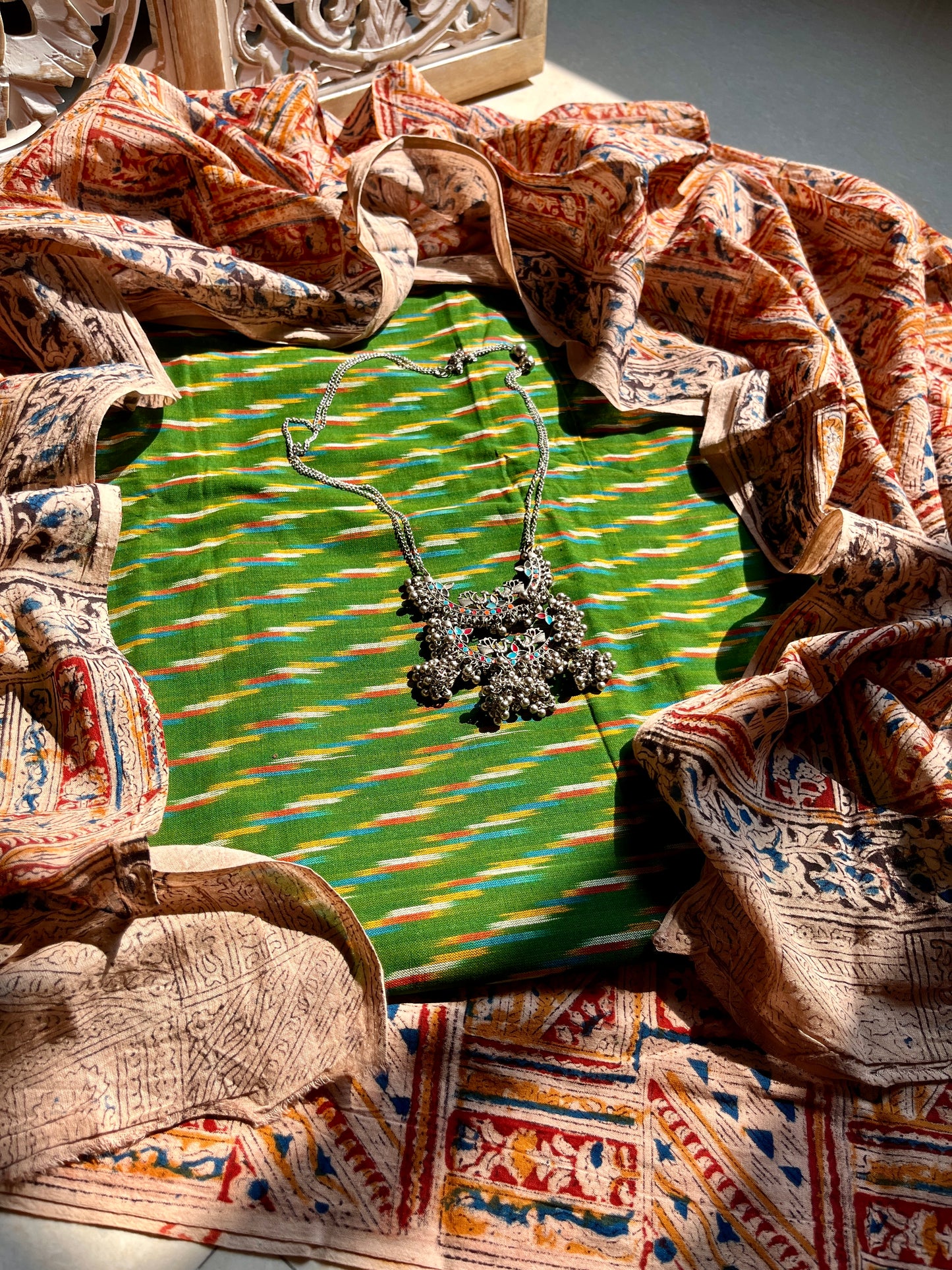 Kalamkari print Ikkat suit