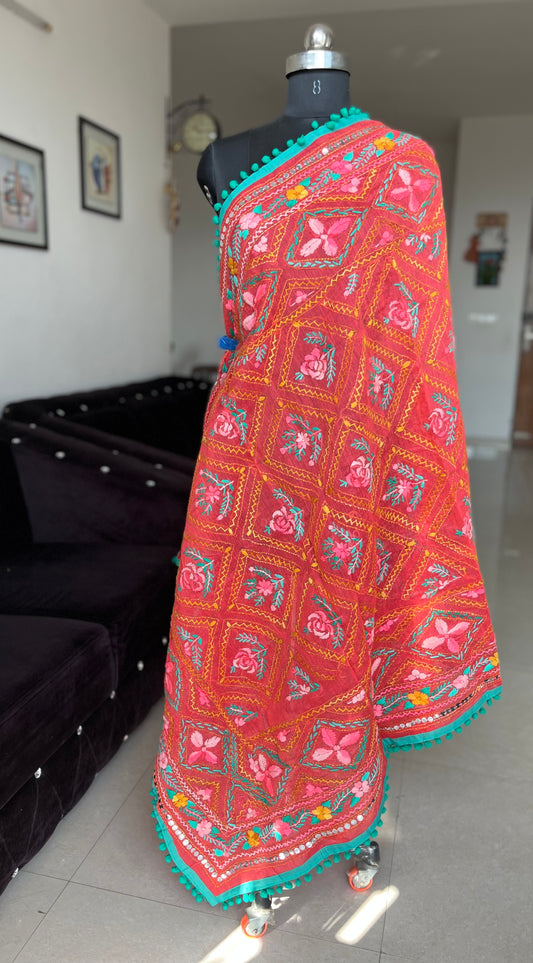 Handwork Phulkari Dupatta on soft Chanderi base